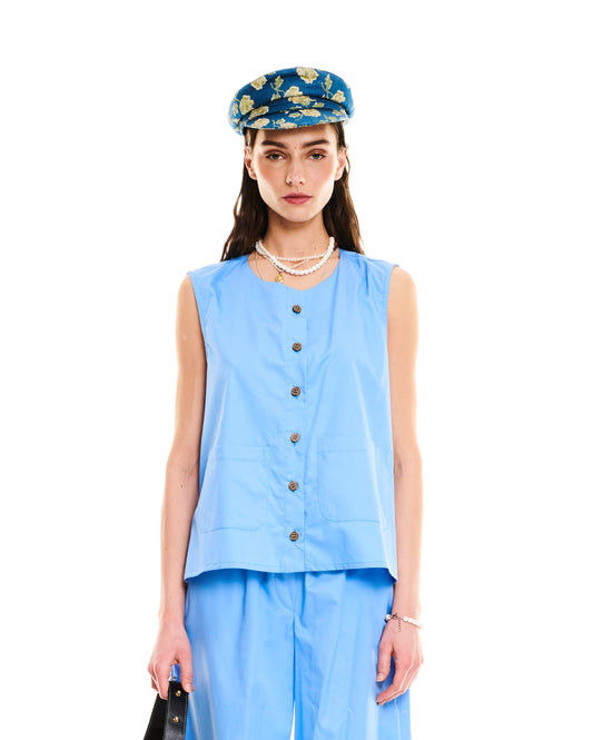 SLEEVELESS COTTON SHIRT - LIGHT BLUE