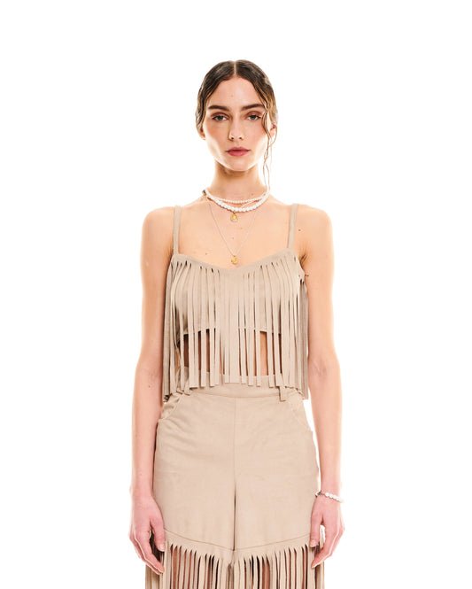 FRINGED ALCANTARA CROP TOP - TAUPE