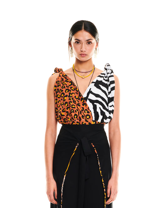 SHOULDER-TIES JERSEY BODYSUIT - LEOPARD LOGO/ZEBRA
