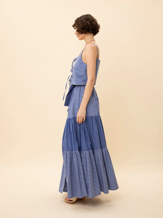 TIERED STRIPED BUTTONED MAXI SKIRT