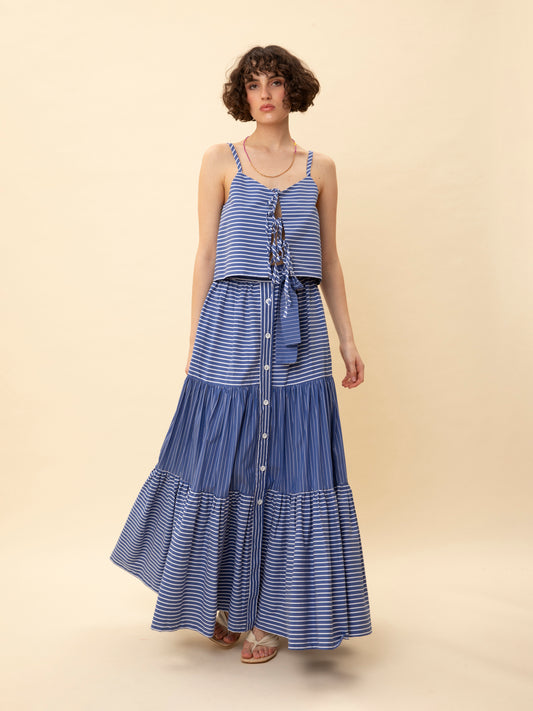 TIERED STRIPED BUTTONED MAXI SKIRT