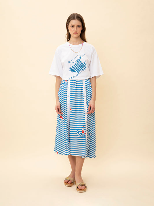 BUTTONED MIDI SKIRT STRIPES SAILBOAT