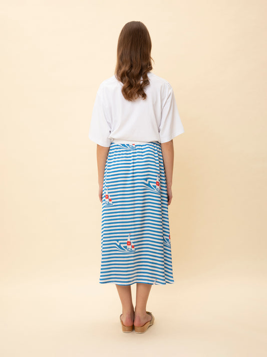 BUTTONED MIDI SKIRT STRIPES SAILBOAT