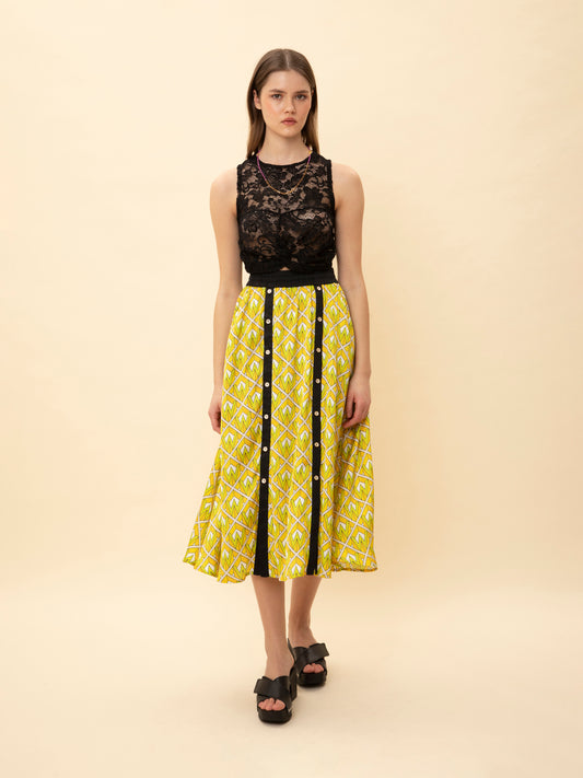 BUTTONED MIDI SKIRT W-LOGO
