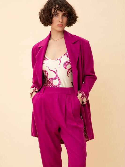 LINEN TAILORED PLEATED PANTS MAGENTA