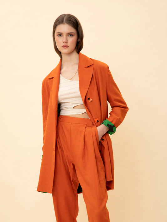 LINEN TAILORED PLEATED PANTS ORANGE