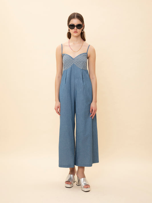 SWEETHEART NECKLINE JUMPSUIT DENIM