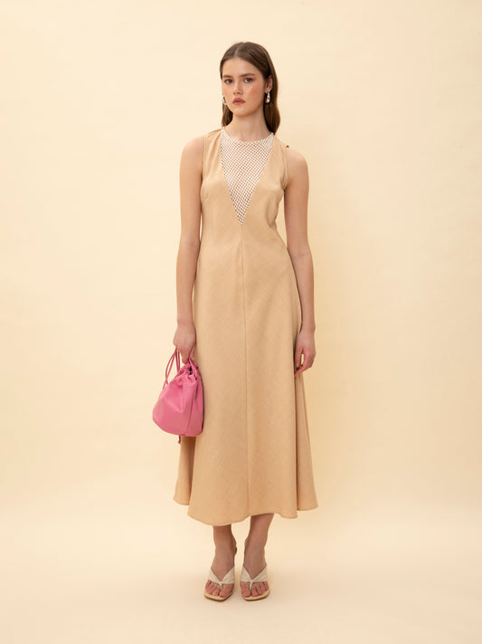 NET BUST DETAIL MIDI DRESS BEIGE