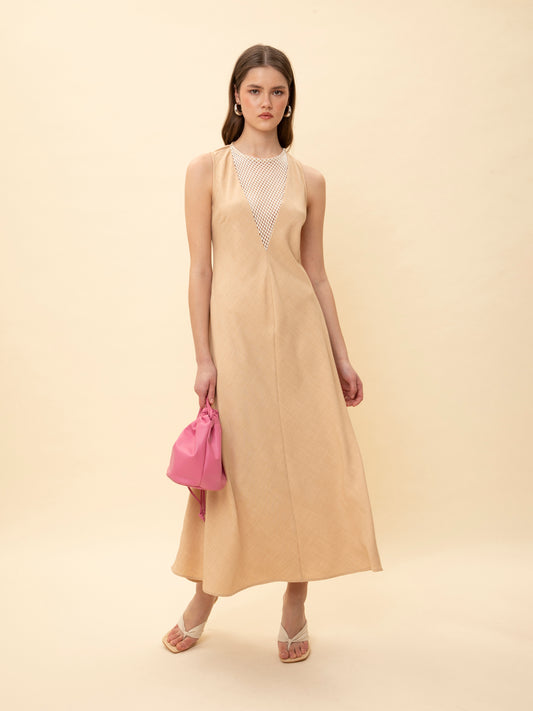 NET BUST DETAIL MIDI DRESS BEIGE