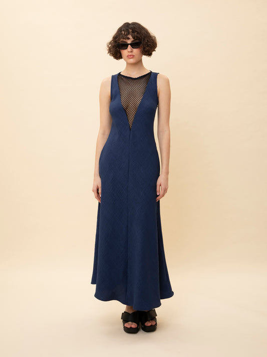 NET BUST DETAIL MIDI DRESS BLUE
