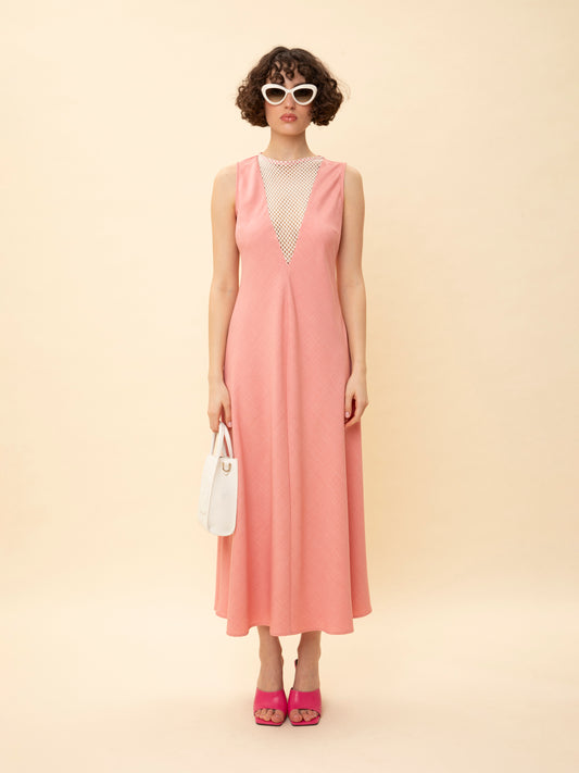 NET BUST DETAIL MIDI DRESS CORAL