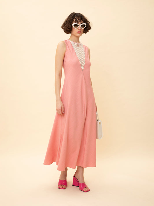 NET BUST DETAIL MIDI DRESS CORAL