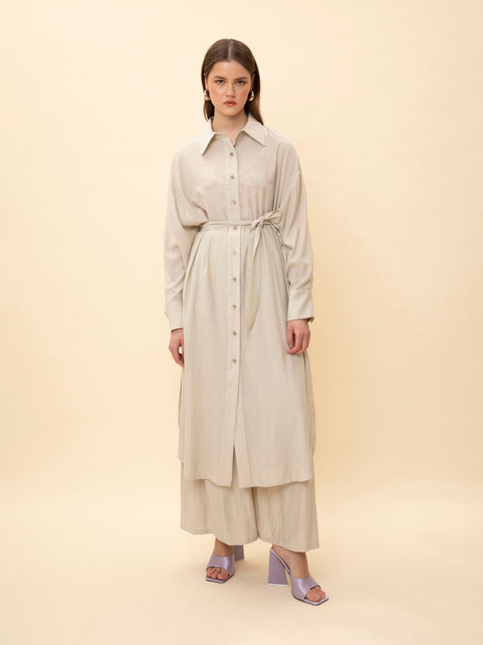 LONG-SLEEVE SHIRT DRESS BEIGE