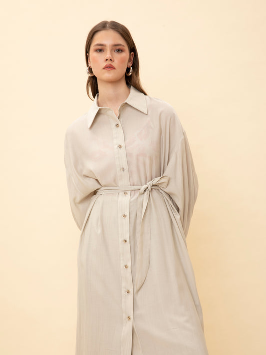 LONG-SLEEVE SHIRT DRESS BEIGE