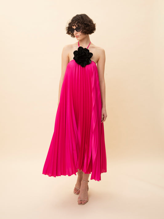 HALTERNECK PLEATED DRESS FUCHSIA