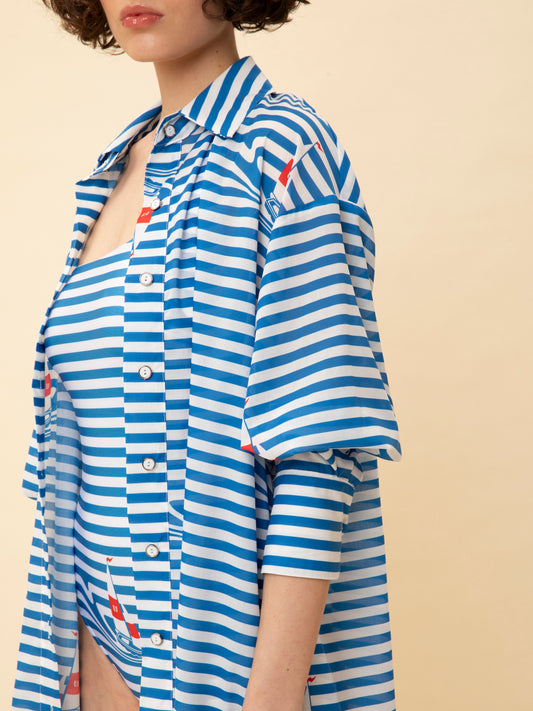 LONG-SLEEVE SHIRT DRESS STRIPES SAILBOAT