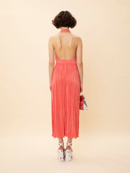 HALTER-NECK PLEATED DRESS CORAL