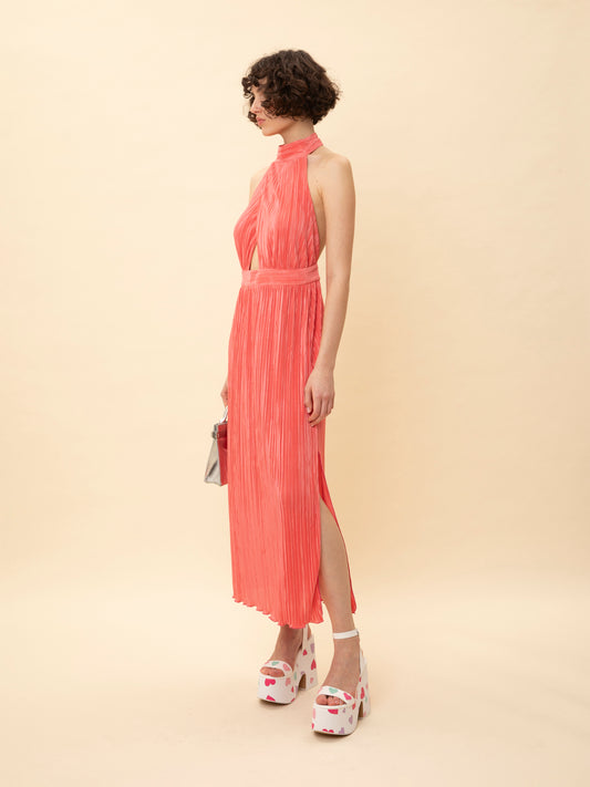 HALTER-NECK PLEATED DRESS CORAL