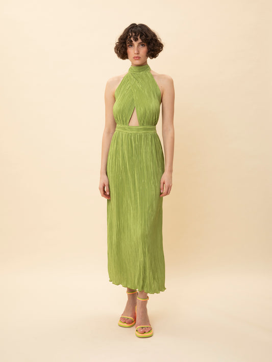 HALTER-NECK PLEATED DRESS LIME