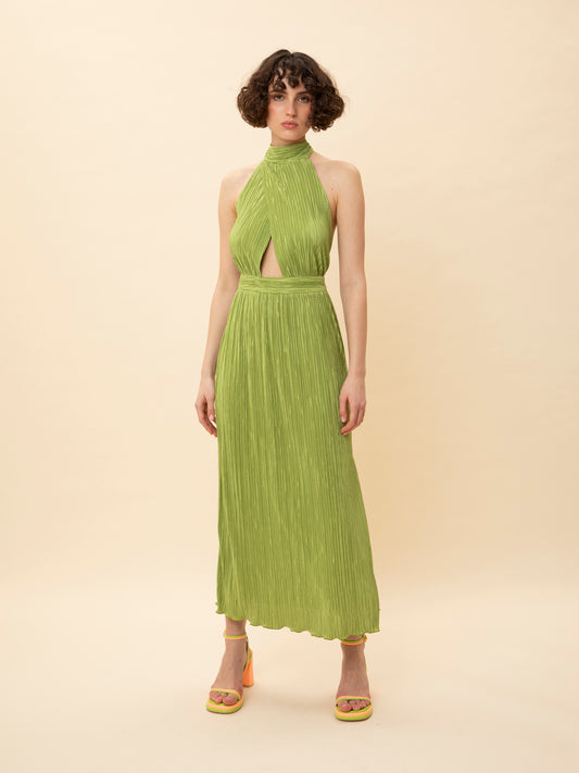 HALTER-NECK PLEATED DRESS LIME