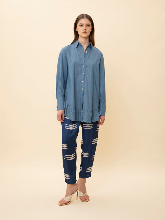 RUFFLED LONG-SLEEVE DENIM SHIRT