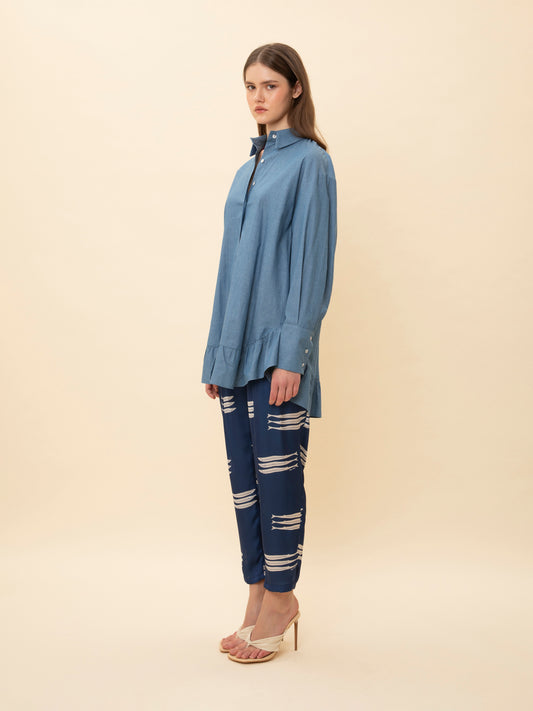 RUFFLED LONG-SLEEVE DENIM SHIRT