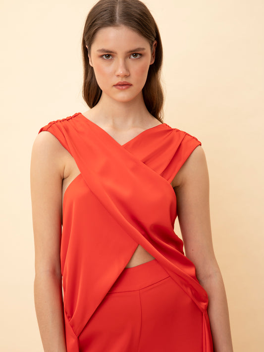 CROSSOVER SATIN TUNIC RED
