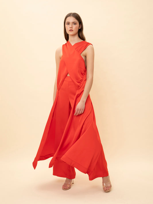 CROSSOVER SATIN TUNIC RED