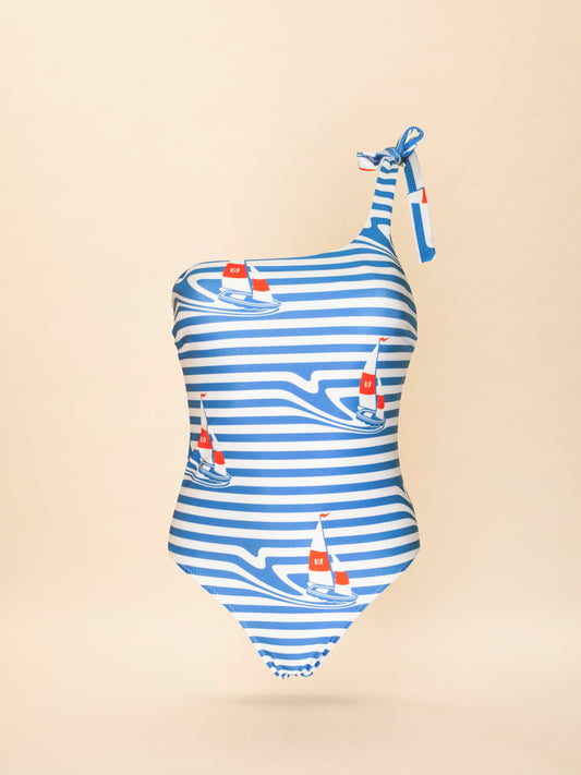 ONE-SHOULDER SWIMSUIT STRIPES SAILBOAT