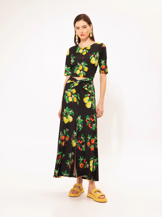 FRONT-KNOT JERSEY SKIRT FRUITS
