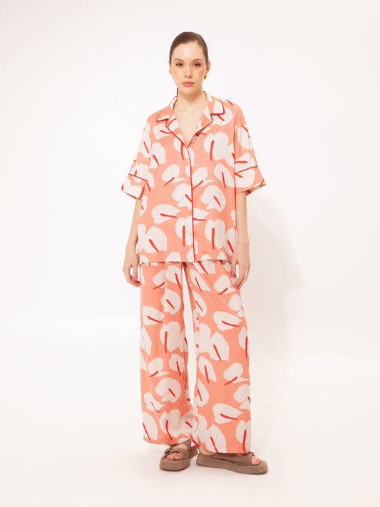 PAJAMA SATIN PANTS ANTHURIUM PEACH