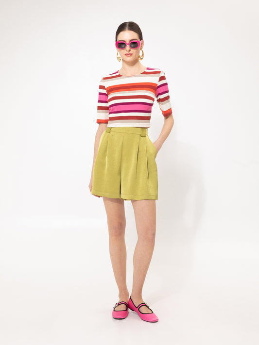 PLEATED SATIN SHORTS LIME