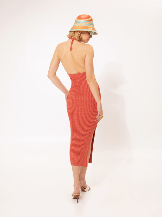 KNITTED LUREX MIDI DRESS CORAL