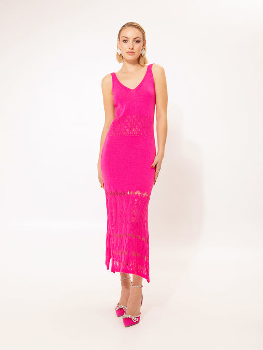 KNITTED LACE MIDI DRESS FUCHSIA