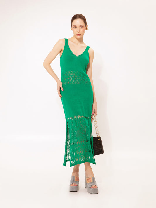 KNITTED LACE MIDI DRESS GREEN
