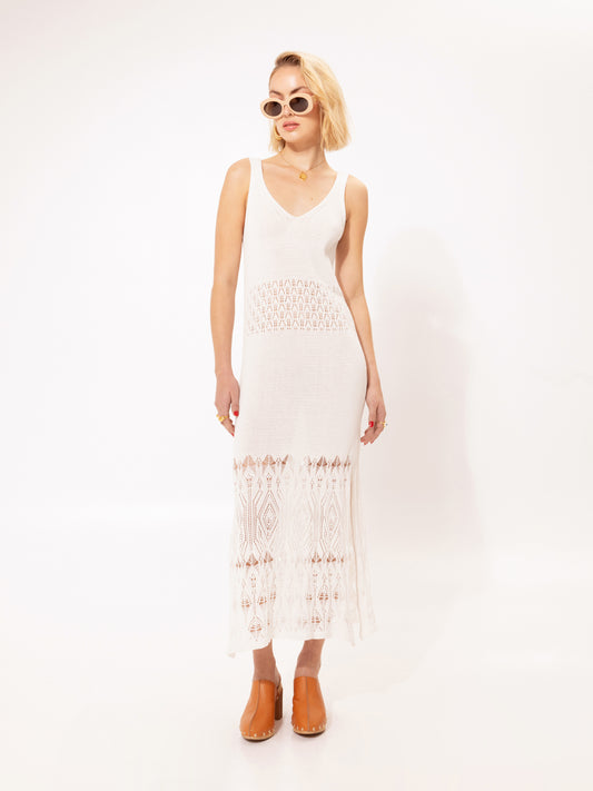 KNITTED LACE MIDI DRESS OFF-WHITE