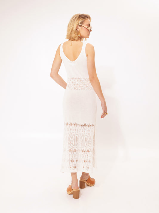 KNITTED LACE MIDI DRESS OFF-WHITE