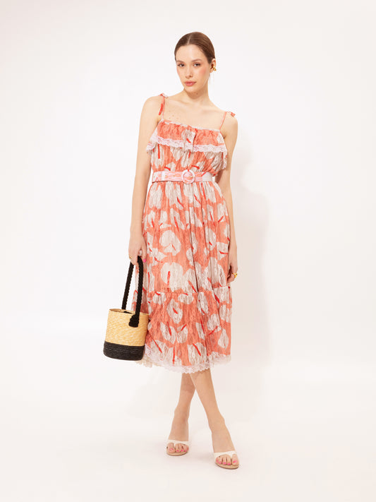 LACE RUFFLED MIDI DRESS ANTHURIUM PEACH