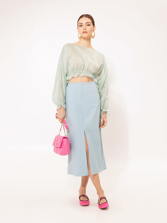 RUFFLED CHIFFON TOP TEAL