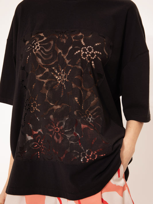 OVERSIZED LACE-DETAILED T-SHIRT BLACK