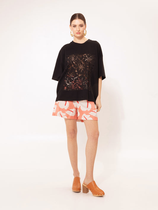 OVERSIZED LACE-DETAILED T-SHIRT BLACK