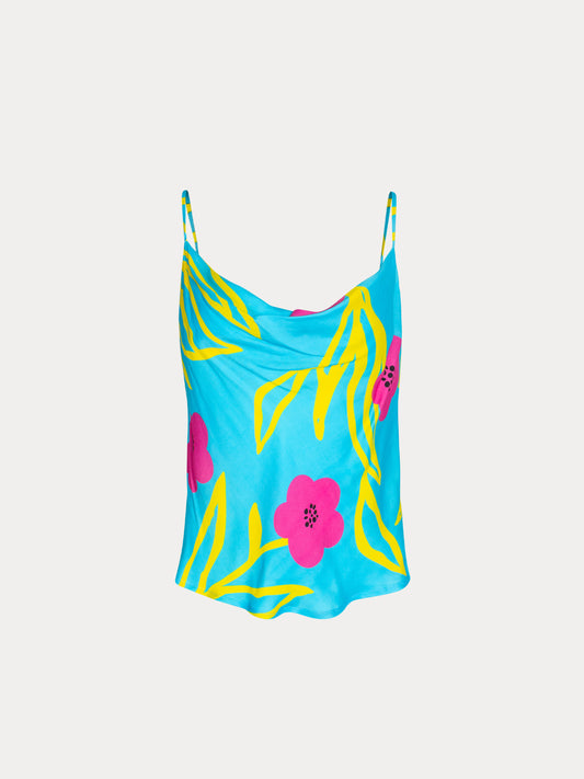 DRAPED COWL-NECKLINE TOP - FLORAL AQUA