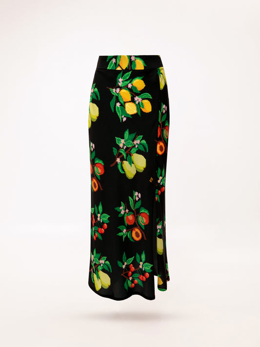 FRONT-SLIT MIDI SKIRT FRUITS