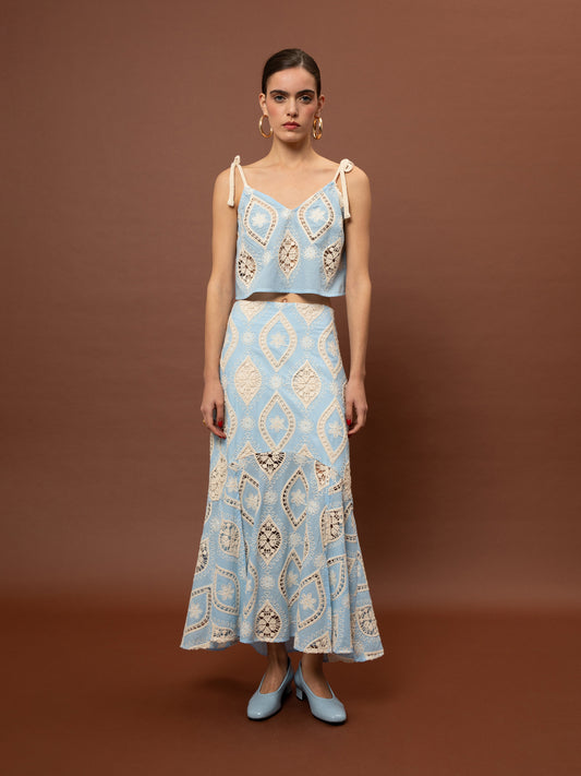 TIERED BRODERIE MAXI SKIRT - LIGHT BLUE