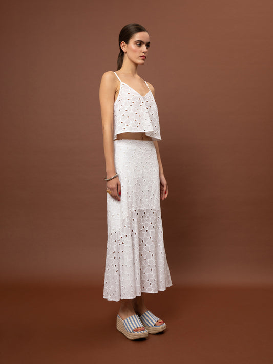 TIERED BRODERIE MAXI SKIRT - WHITE