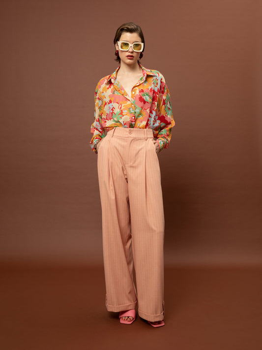 WIDE-LEG PLEATED PANTS - PEACH