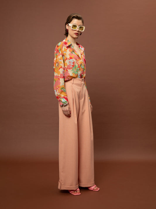 WIDE-LEG PLEATED PANTS - PEACH