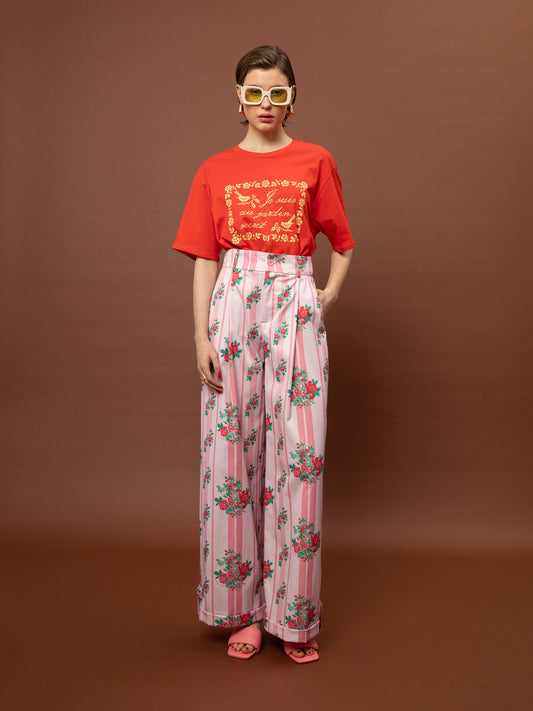 WIDE-LEG PLEATED PANTS - STRIPES ROSES