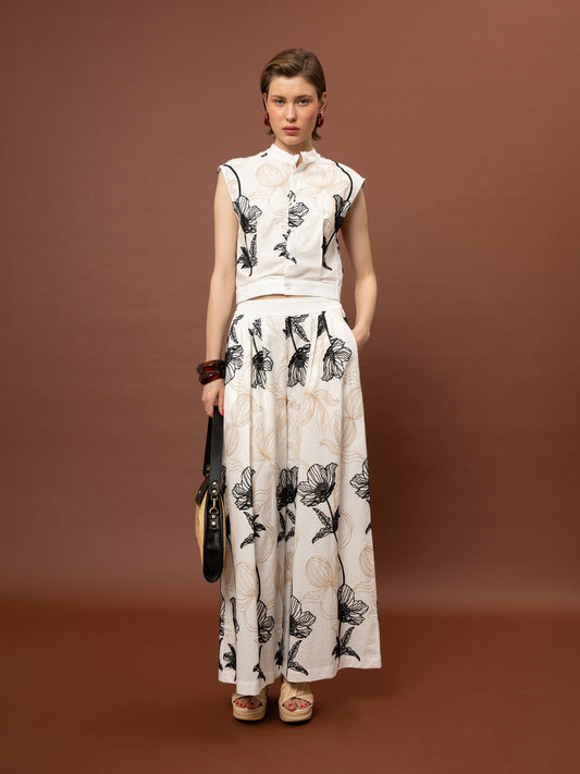 WIDE-LEG PLEATED BRODERIE PANTS
