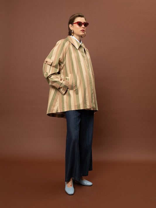 SHORT TRENCH COAT - STRIPES OLIVE